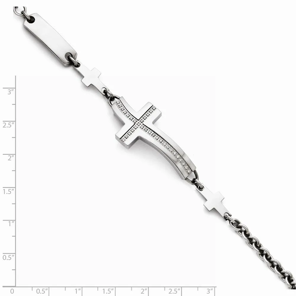 Stainless Steel Polished Wavy CZ Sideways Cross Bracelet