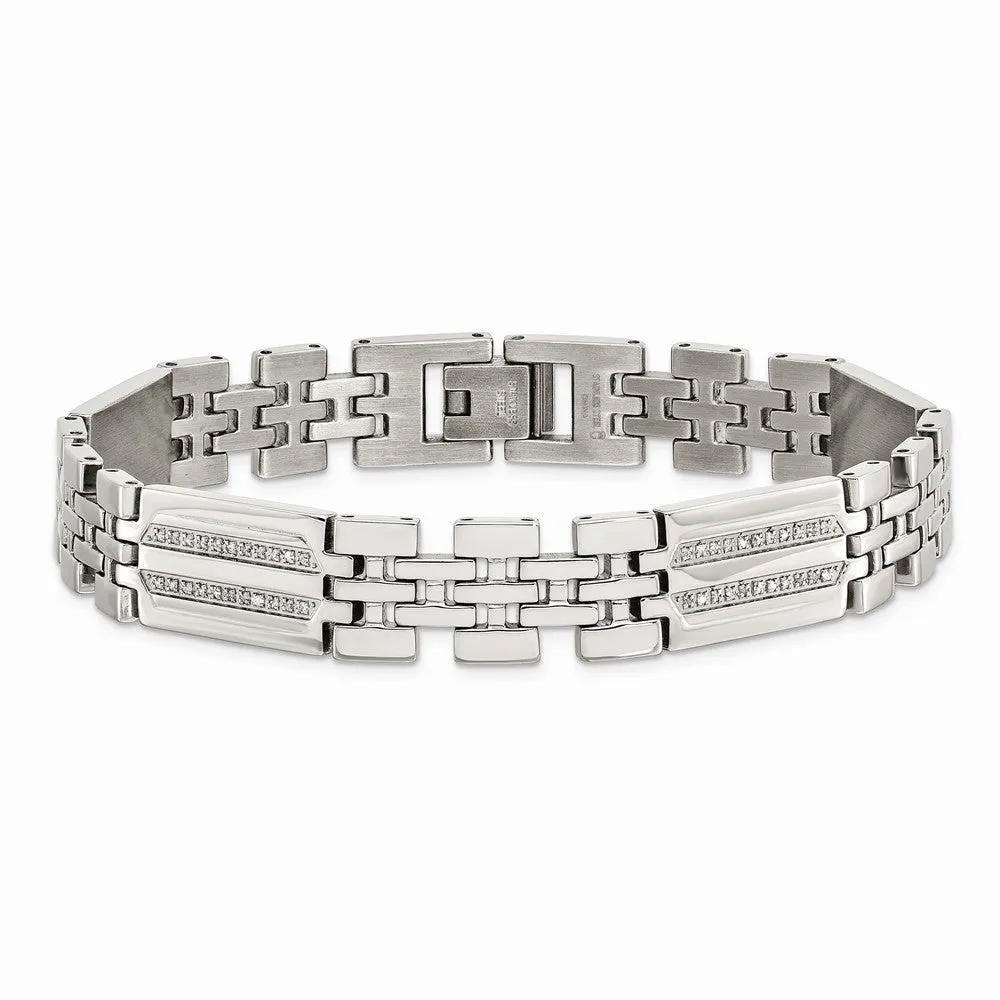 Stainless Steel Polished w/Diamonds Fancy 8.75in Bracelet