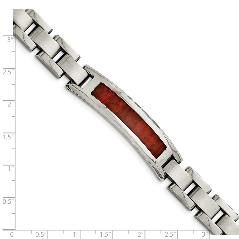 Stainless Steel Polished/Brushed Red Wood Inlay Enameled Bracelet
