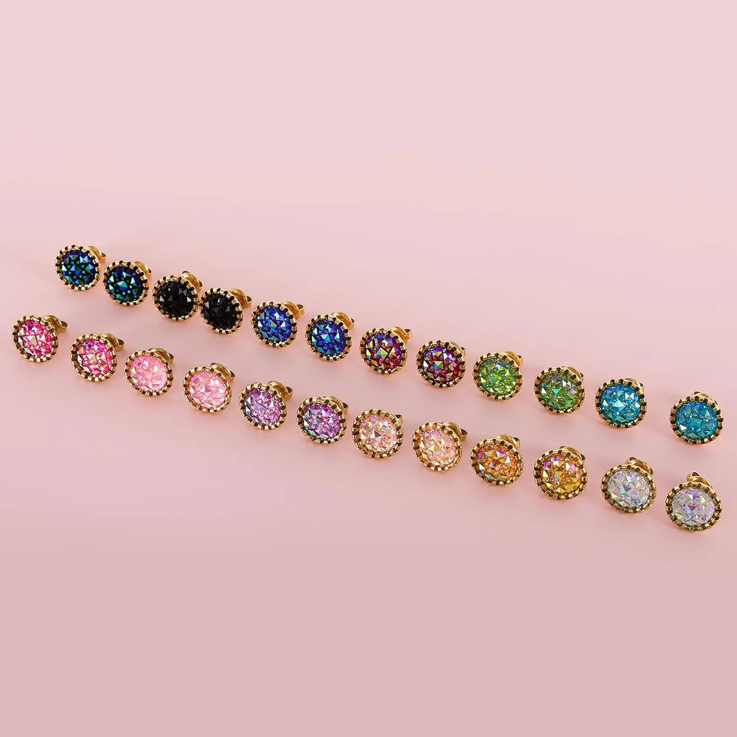 Stainless Steel Round Druzy Multi Colored Stud Earring Set for Men Women Gold Plated Surgical Steel Faux Druzy Stud Earrings 12 Pairs