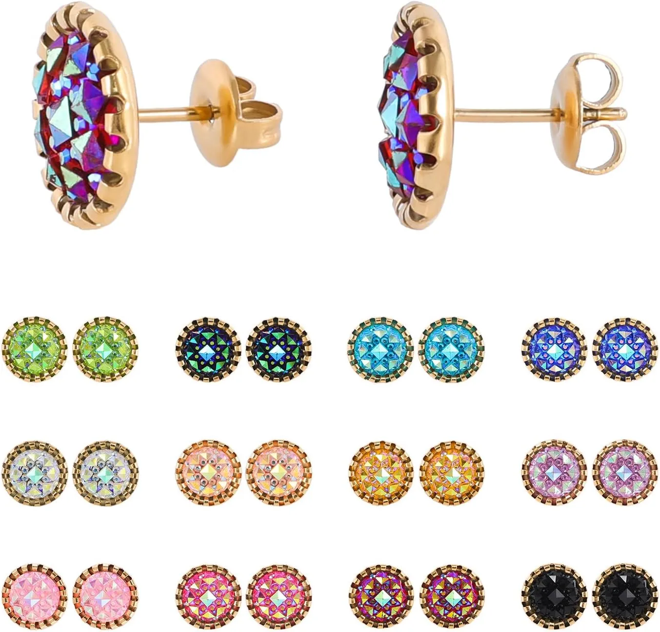 Stainless Steel Round Druzy Multi Colored Stud Earring Set for Men Women Gold Plated Surgical Steel Faux Druzy Stud Earrings 12 Pairs