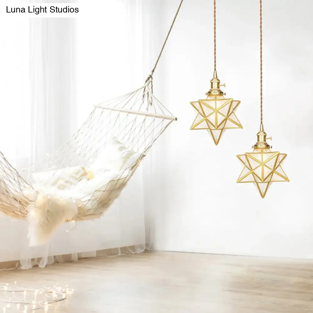 Star Shaped Pendant Light: Postmodern Clear/Frosted Glass with Brass Brass Hanging Kit & Adjustable Rope