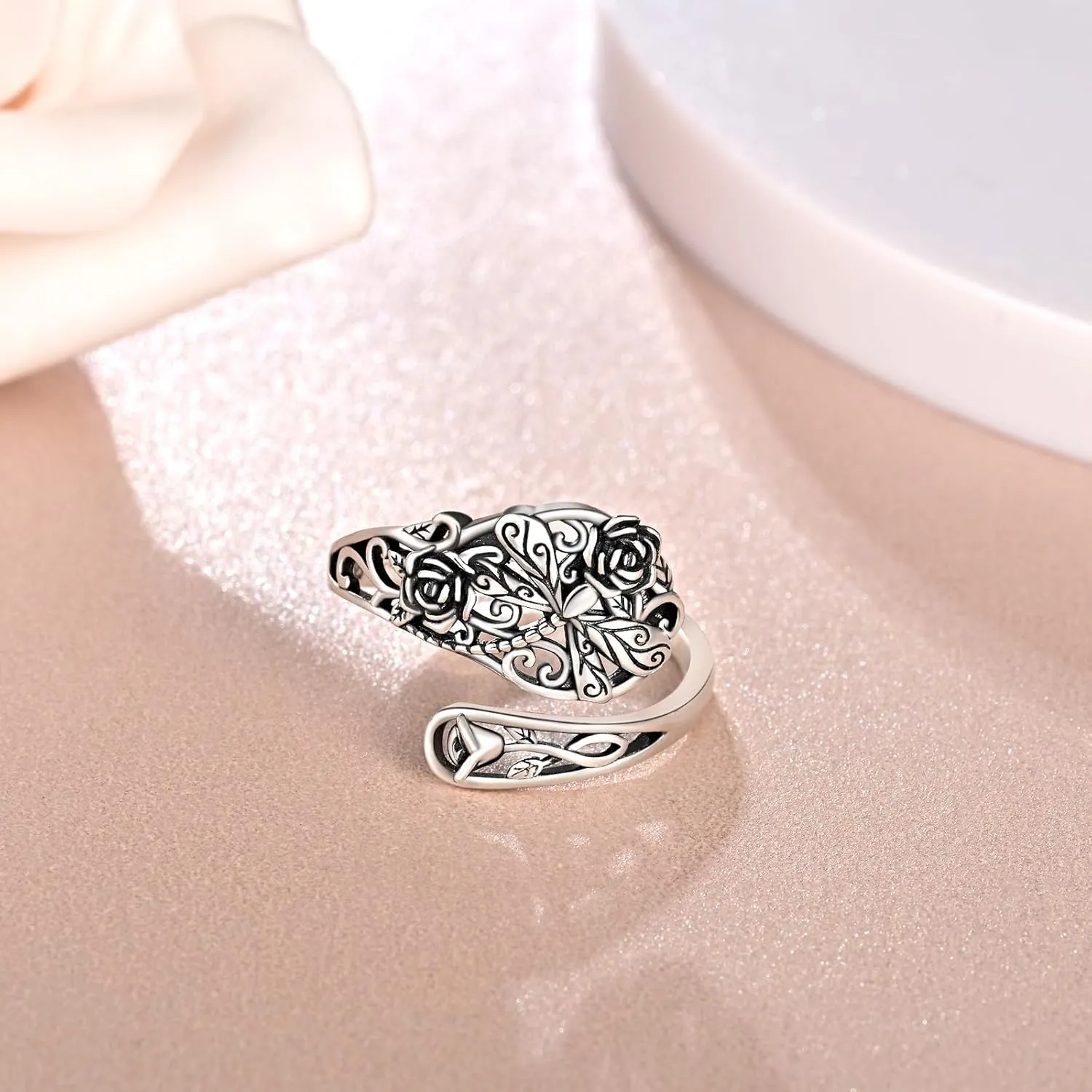 Sterling Silver Dragonfly Spoon Rings For Women Vintage Rose Flower Rings Victorian Adjustable Open Thumb Rings Jewelry
