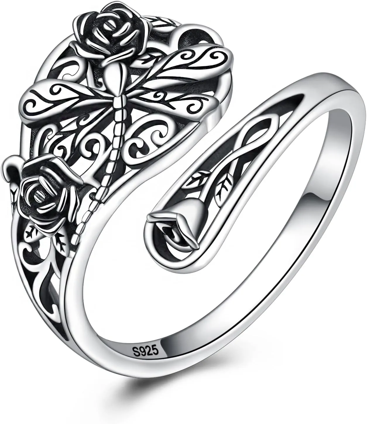 Sterling Silver Dragonfly Spoon Rings For Women Vintage Rose Flower Rings Victorian Adjustable Open Thumb Rings Jewelry