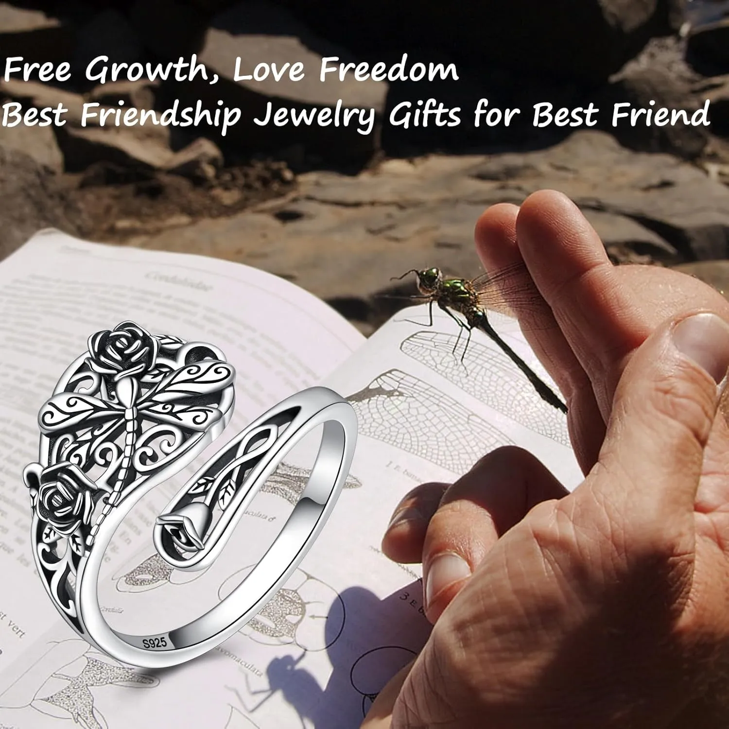 Sterling Silver Dragonfly Spoon Rings For Women Vintage Rose Flower Rings Victorian Adjustable Open Thumb Rings Jewelry