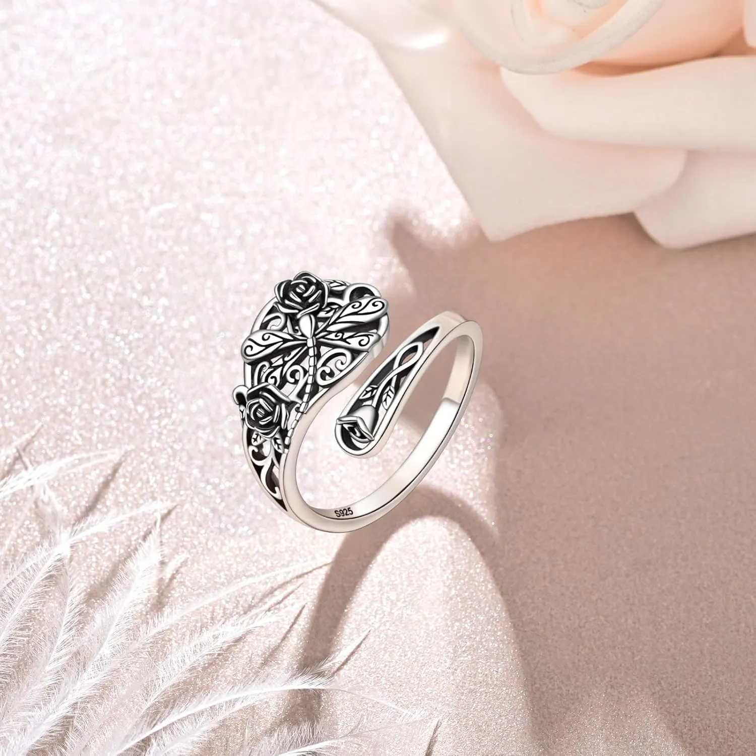 Sterling Silver Dragonfly Spoon Rings For Women Vintage Rose Flower Rings Victorian Adjustable Open Thumb Rings Jewelry
