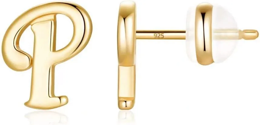 Sterling Silver Stud Earrings, 925 Sterling Silver Initial Stud Earrings Gold Plated Hypoallergenic Earrings for Women Sensitive Ears