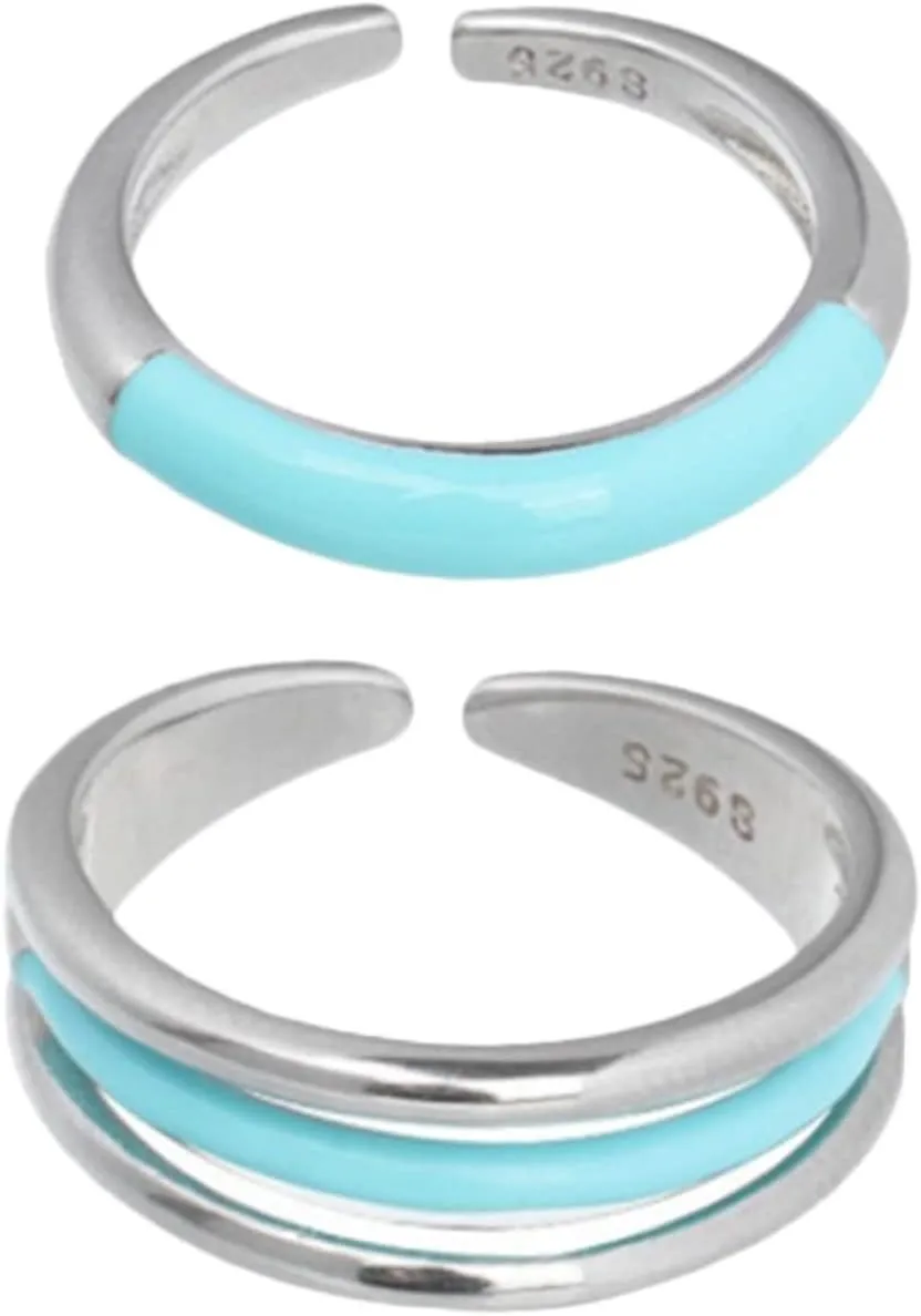 Stylish Silver Ring Set Blue Line Open Rings Women's Fashion Jewelry for Occasion