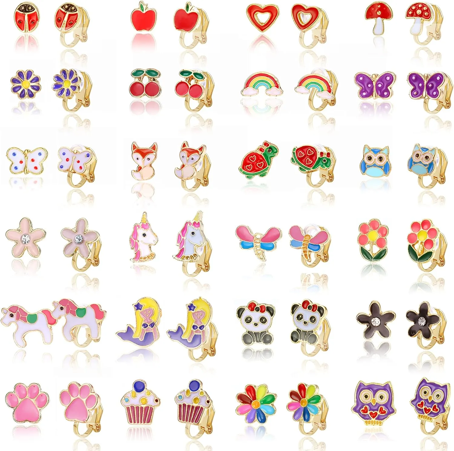 Subiceto 24 Pairs Cute Clip on Earrings for Women Cute Animal Apple Fox Rainbow Colorful Clip-on Earrings Set Red Apple