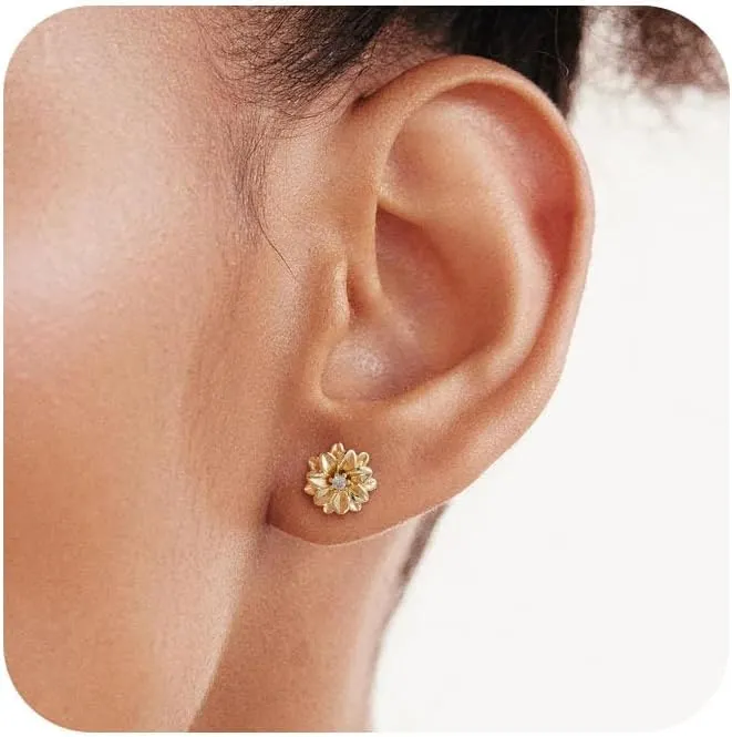 Tasiso Birth Flower Stud Earrings for Women 14K Gold Plated Birthstone Earrings for Women Dainty Gold Flower Blue Green Cubic Zirconia Earrings Birthday Gifts for Women Jewelry
