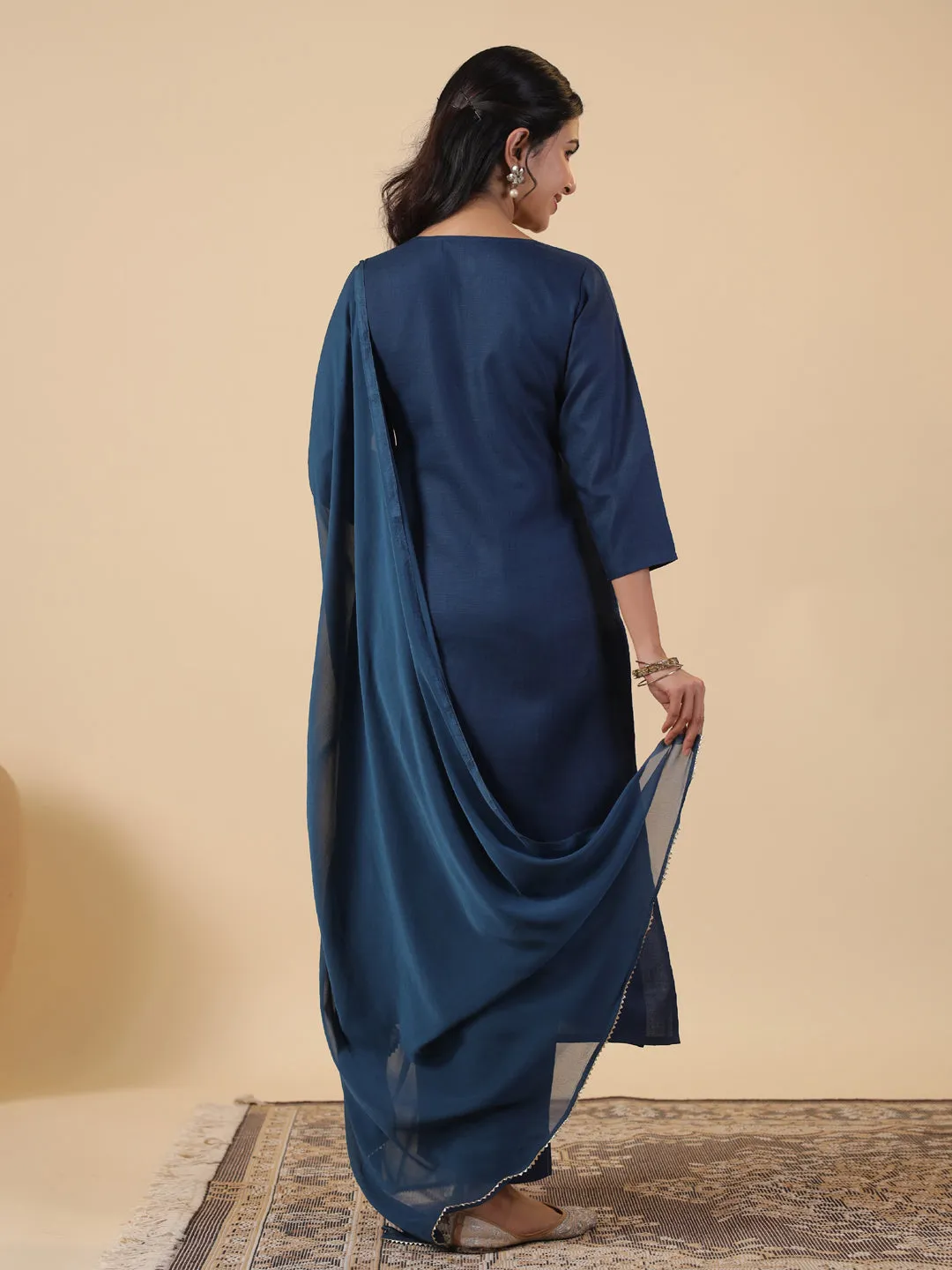Teal Cotton Blend Yoke Embroidery Straight Kurta Set