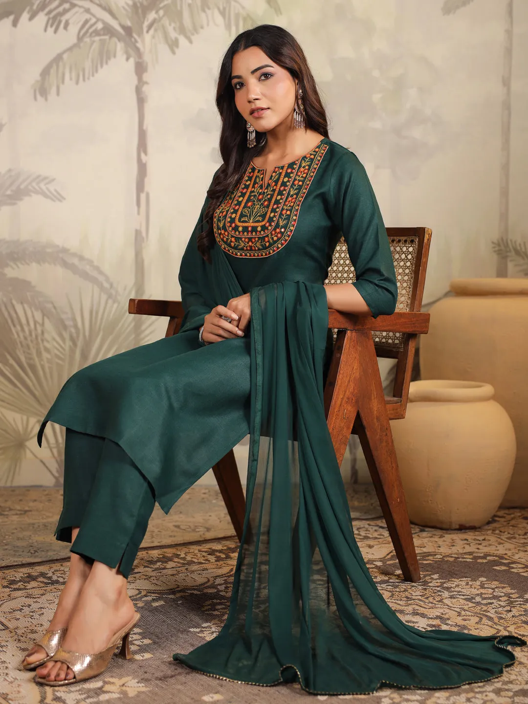 Teal Cotton Blend Yoke Embroidery Straight Kurta Set
