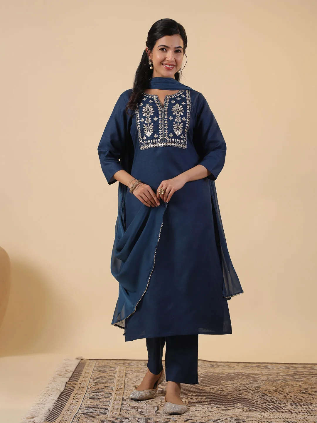 Teal Cotton Blend Yoke Embroidery Straight Kurta Set