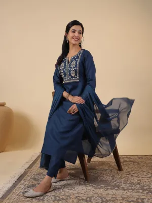 Teal Cotton Blend Yoke Embroidery Straight Kurta Set