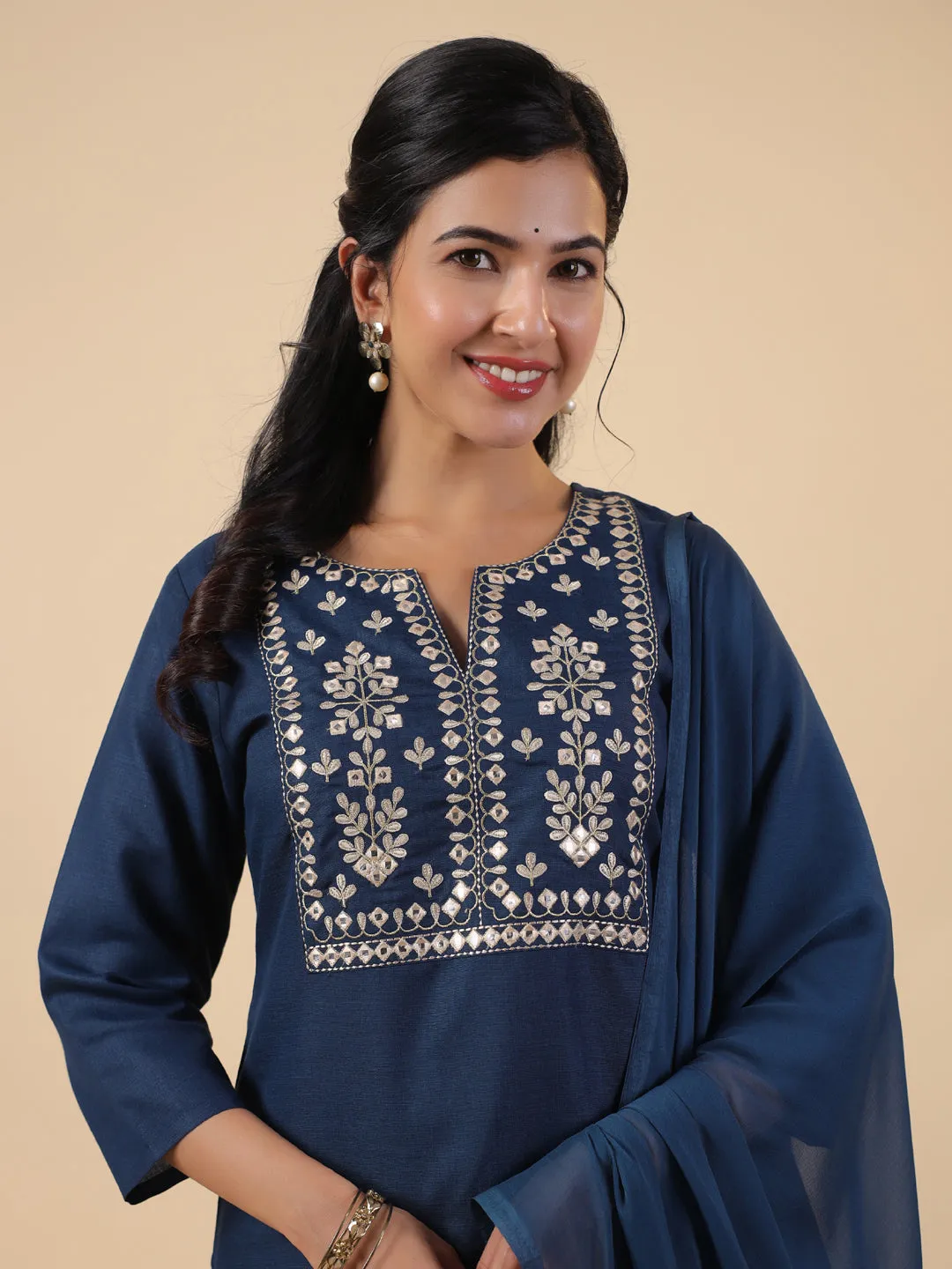 Teal Cotton Blend Yoke Embroidery Straight Kurta Set