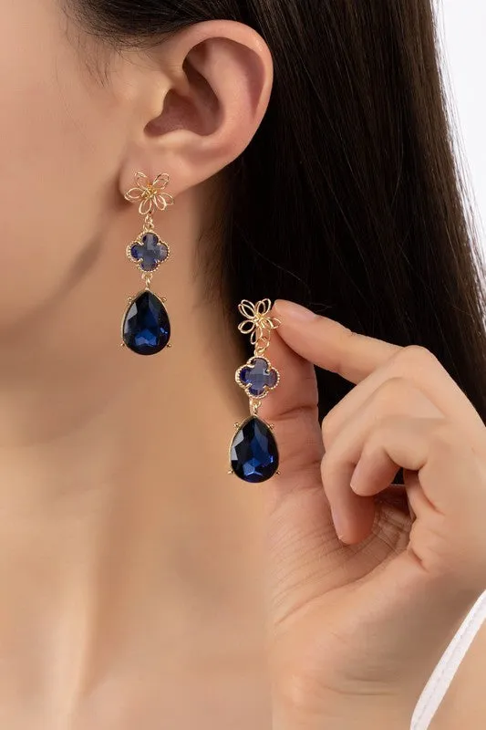 Three-Tier Flower and Royal Blue Linear Drop Earrings