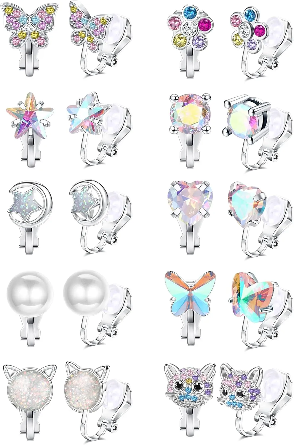 Thunaraz 10 Pairs Cute Clip on Earrings for Women Hypoallergenic Butterfly Flower Pearl CZ Clip-on Women Multicolored Non-Pierced Earrings Set