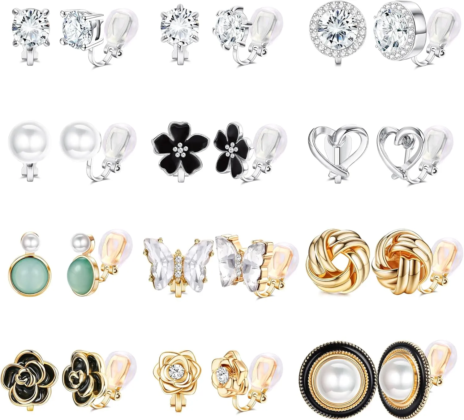 THUNARAZ Comfortable Clip on Earrings for Women Sparklrd Crystal Clip Earrings CZ Cute Butterfly Flower Pearl Clip on Stud Earrings Girls Non Piercing Jewelry