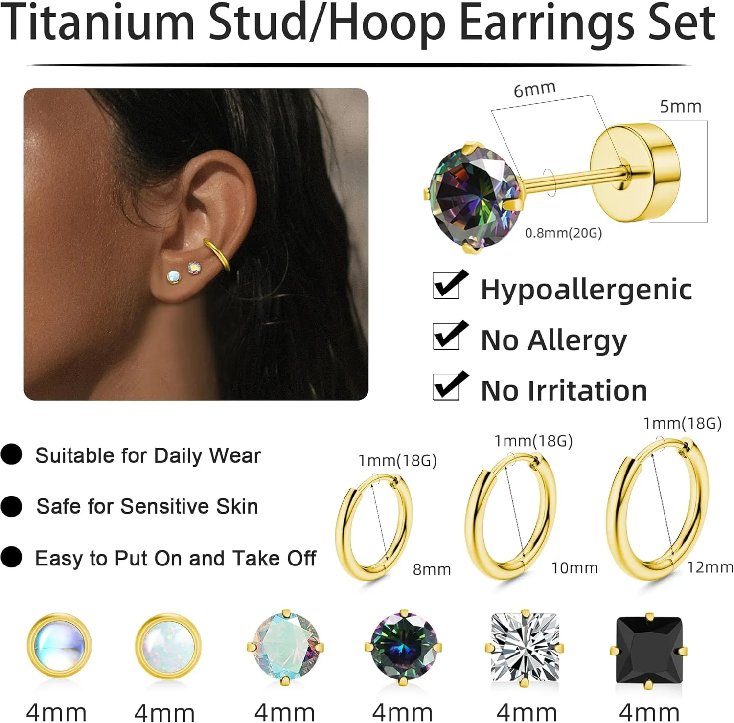 Titanium Earrings for Men Women Titanium Steel Stud Earrings for Sensitive Ears Opal Cubic Zirconia Hypoallergenic Surgical Steel Cartilage Earrings Hoop 20G Flat Back Stud Earrings