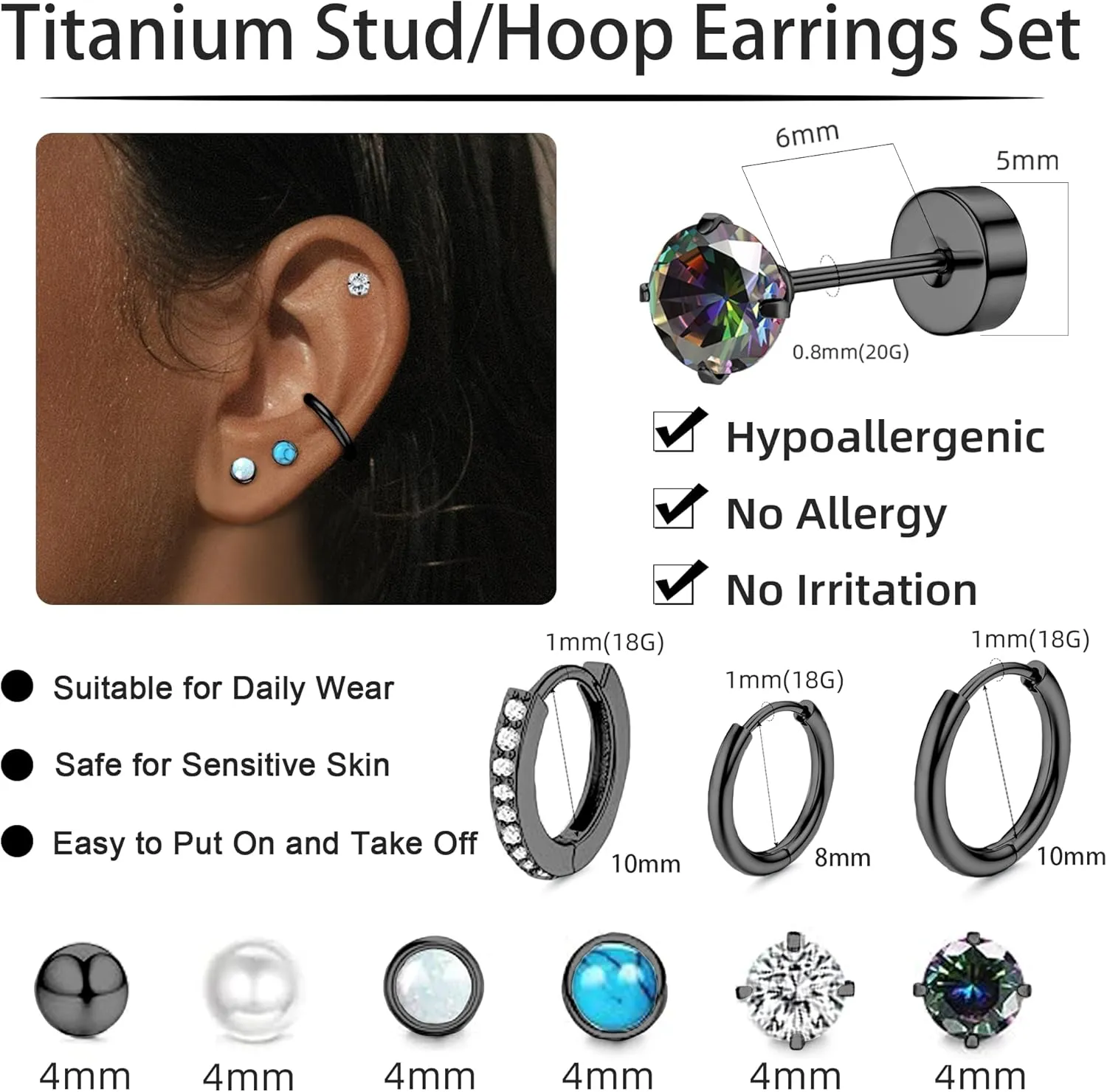 Titanium Earrings for Men Women Titanium Steel Stud Earrings for Sensitive Ears Opal Cubic Zirconia Hypoallergenic Surgical Steel Cartilage Earrings Hoop 20G Flat Back Stud Earrings