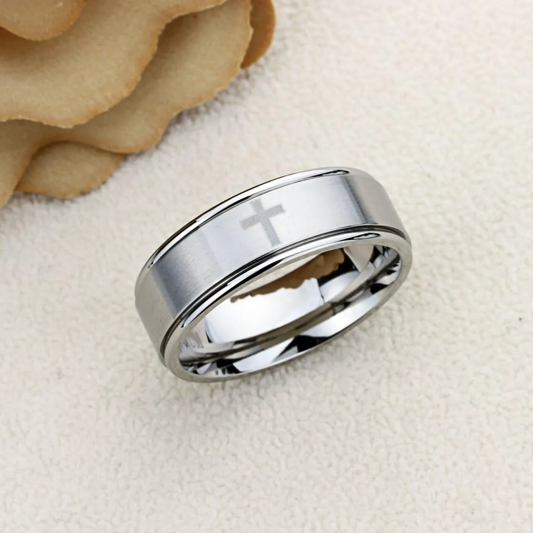 Titanium Wedding Band Ring for Men & Women Laser Etched Cross Pattern Ring for Men & Woman