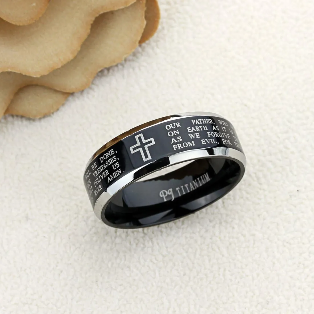 Titanium Wedding Band Ring for Men & Women Lord's Prayer with Cross Praying Ring for Men & Woman