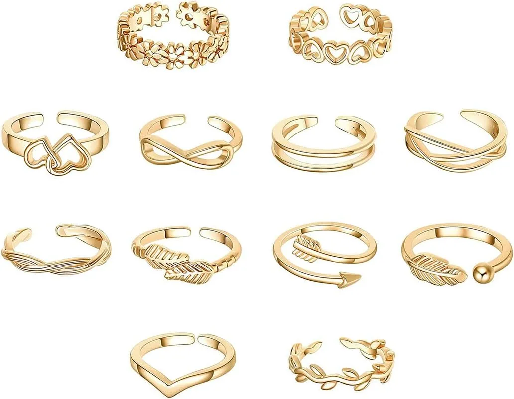 Toe Rings for Women Gold Toe Ring Set Adjustable Open Rings Heart Arrow Toe Ring Infinity Ring Beach Foot Jewelry for Summer