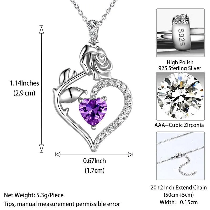 Tokyo Mart February Amethyst Necklace Women Heart Birthstone Pendant Flower Rose Jewelry Birthday Gifts