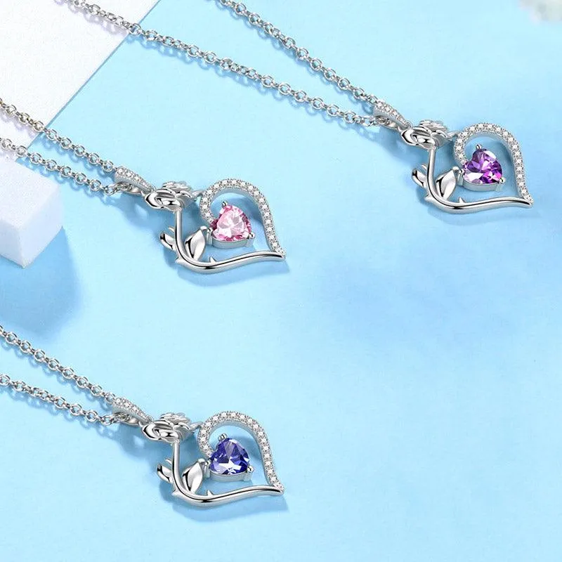 Tokyo Mart February Amethyst Necklace Women Heart Birthstone Pendant Flower Rose Jewelry Birthday Gifts
