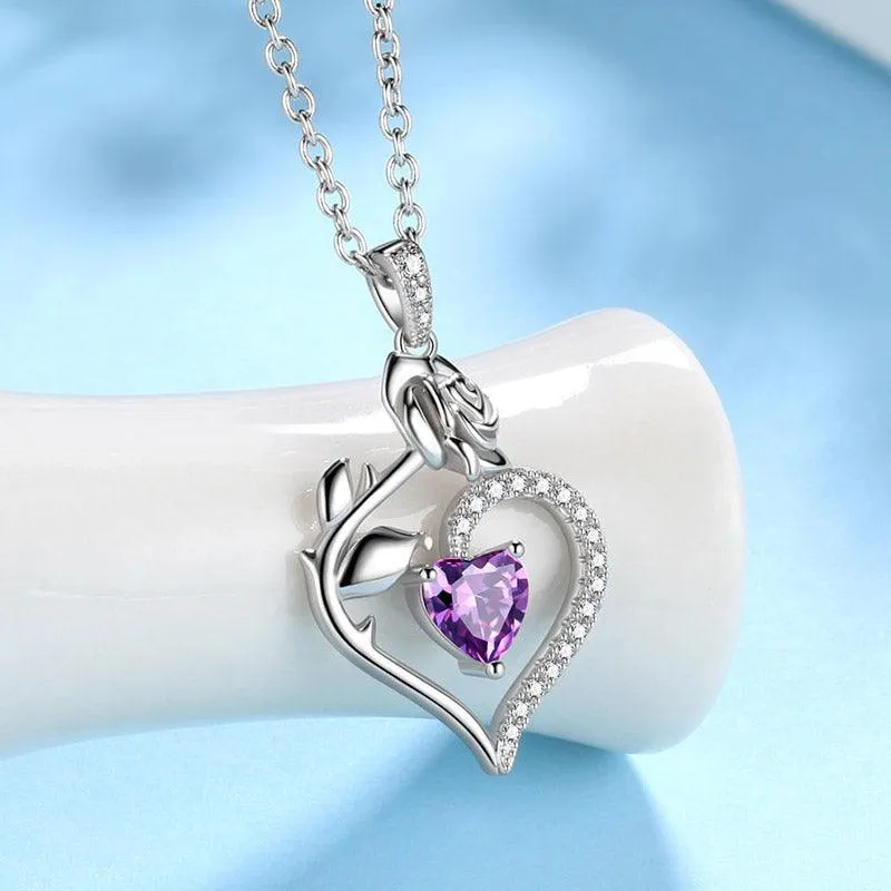 Tokyo Mart February Amethyst Necklace Women Heart Birthstone Pendant Flower Rose Jewelry Birthday Gifts
