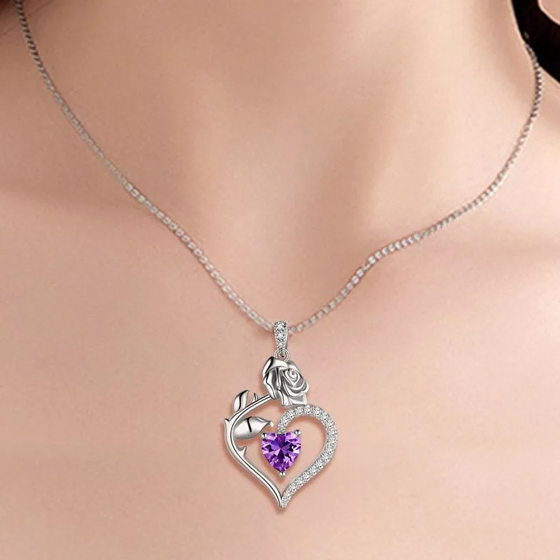 Tokyo Mart February Amethyst Necklace Women Heart Birthstone Pendant Flower Rose Jewelry Birthday Gifts
