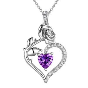 Tokyo Mart February Amethyst Necklace Women Heart Birthstone Pendant Flower Rose Jewelry Birthday Gifts