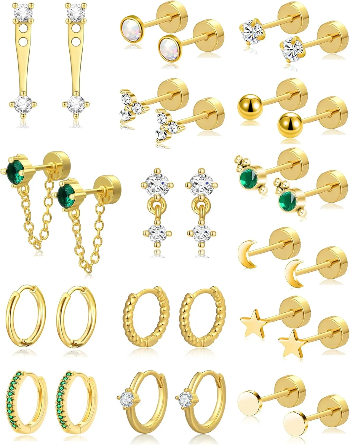 Tornito 15 Pairs Tiny Gold Stud Flat Back Earrings For Multiple Piercing 20G Stainless Steel Cartilage Earrings Stacks Ball CZ Emerald Green Small Hoop Earrings Sets Helix Piercing Jewelry For Women