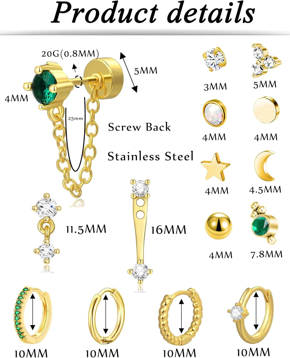 Tornito 15 Pairs Tiny Gold Stud Flat Back Earrings For Multiple Piercing 20G Stainless Steel Cartilage Earrings Stacks Ball CZ Emerald Green Small Hoop Earrings Sets Helix Piercing Jewelry For Women