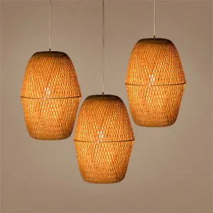 Traditional Bamboo Wood Bell Pendant Light - Single Bulb Hanging Lamp Kit for Restaurants