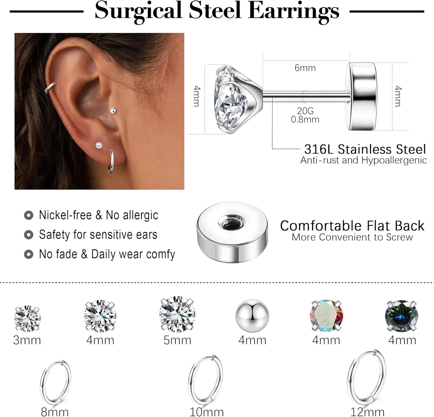 Tragus Gold Earrings Set for Women, Cartilage Earring Stack for Multiple Piercing, Hypoallergenic Helix Flat Back Small Stud Hoop Earrings for Sensitive Ear, Jewelry Gift