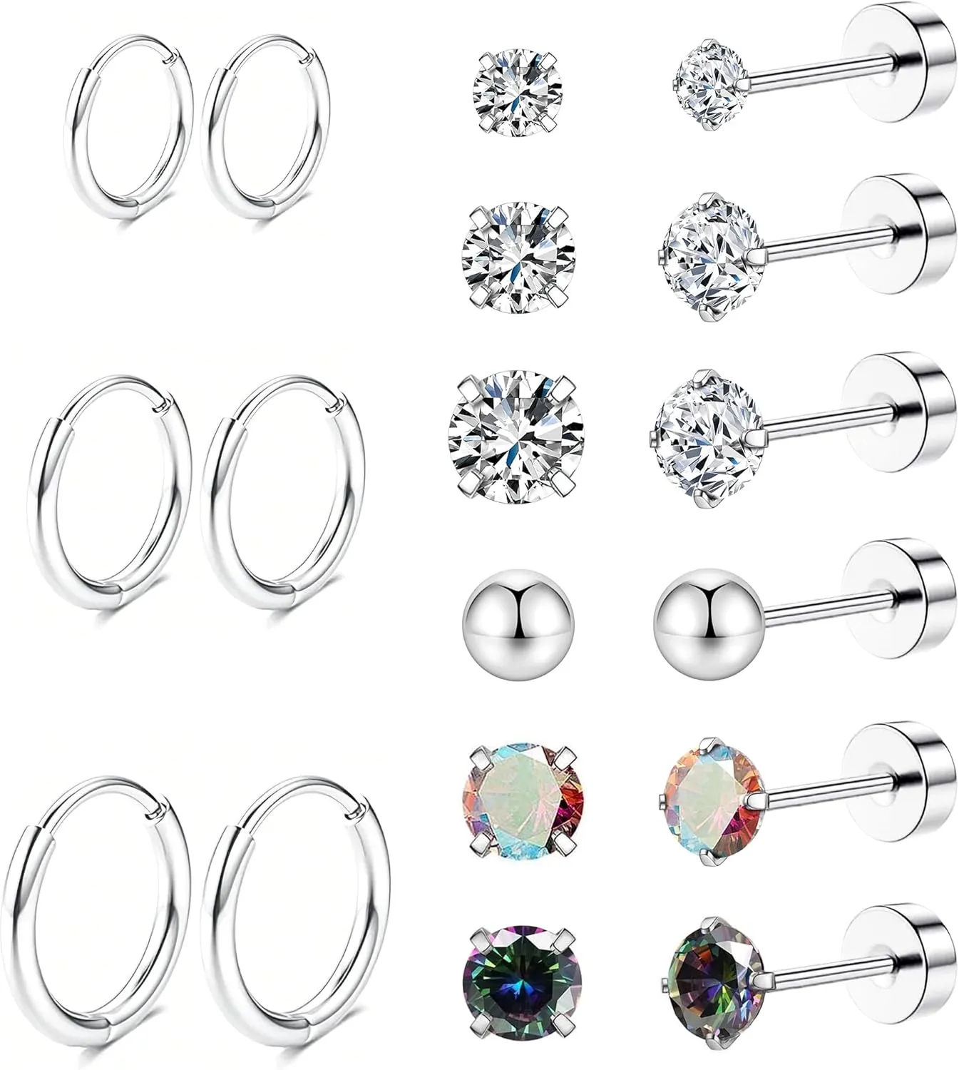 Tragus Gold Earrings Set for Women, Cartilage Earring Stack for Multiple Piercing, Hypoallergenic Helix Flat Back Small Stud Hoop Earrings for Sensitive Ear, Jewelry Gift