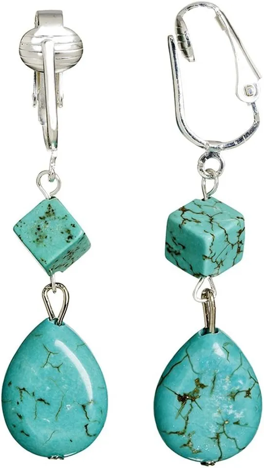 Trendy Turquoise Clip On Earrings for Women - Authentic Turquoise Dangle Teardrop, Cube and Briolette Clip-on Earrings with Pierced Look