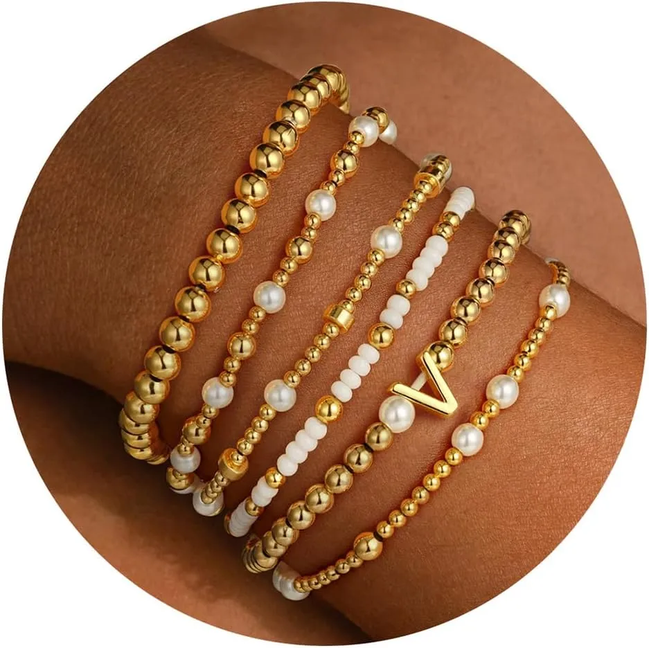Turandoss 6PCS Beaded Initial Bracelets for Women, 18K Gold Plated Beaded Initial Letter Bracelet for Girls Women, Initial A-Z Stretch Bead Stackable Bracelet Jewelry Set Gifts