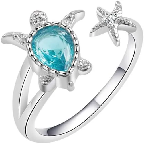 Turtle Ring for Women Cute Adjustable Open Ring Sparkly Rhinestones Animal Ring Metal Sea Turtle Starfish Statement Rings Blue Ocean Beach Thumb Finger Rings Birthday Christmas Jewelry Gift