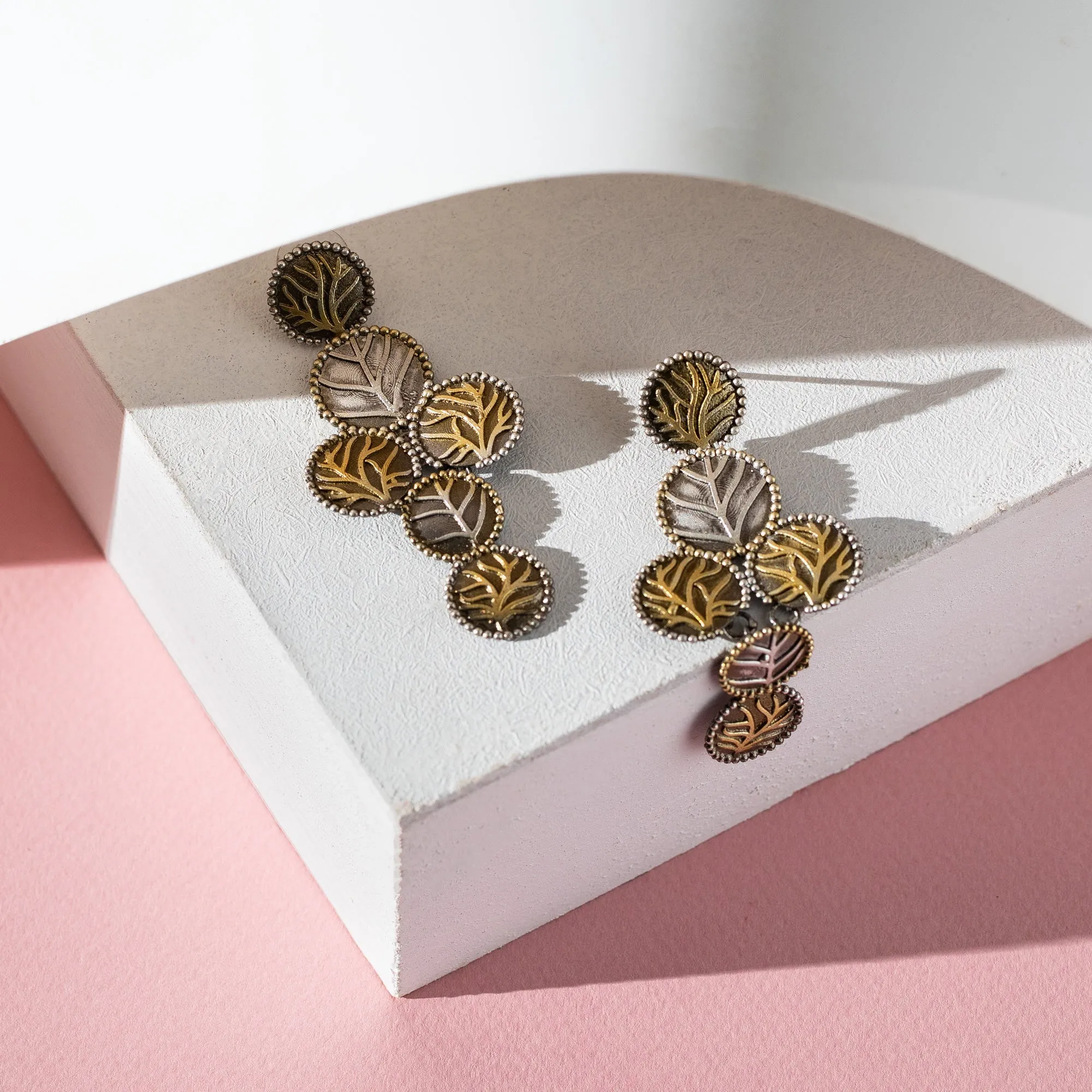 Two Tone Gold & Silver Leaf Dangle Drop Earring.