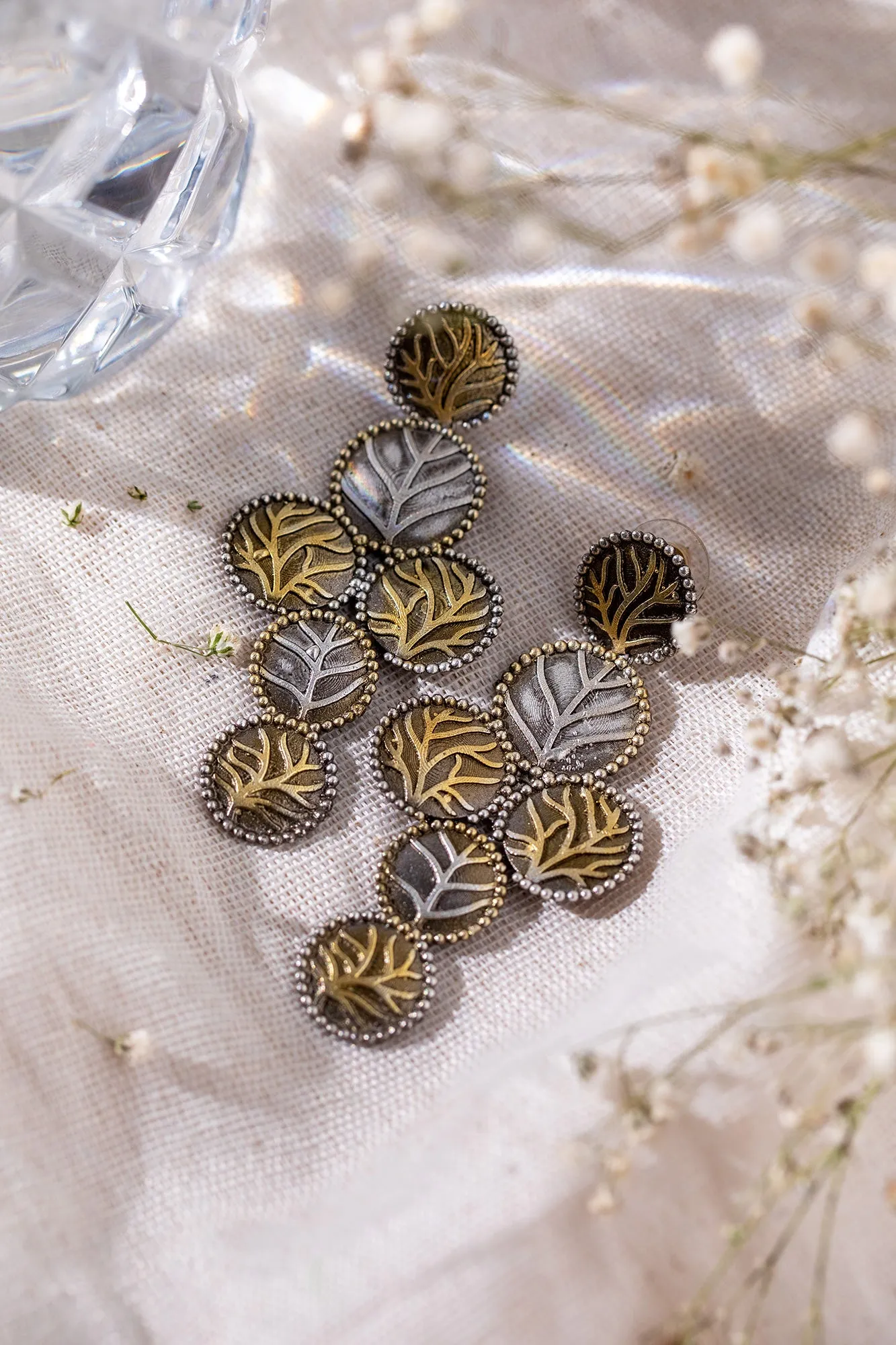 Two Tone Gold & Silver Leaf Dangle Drop Earring.