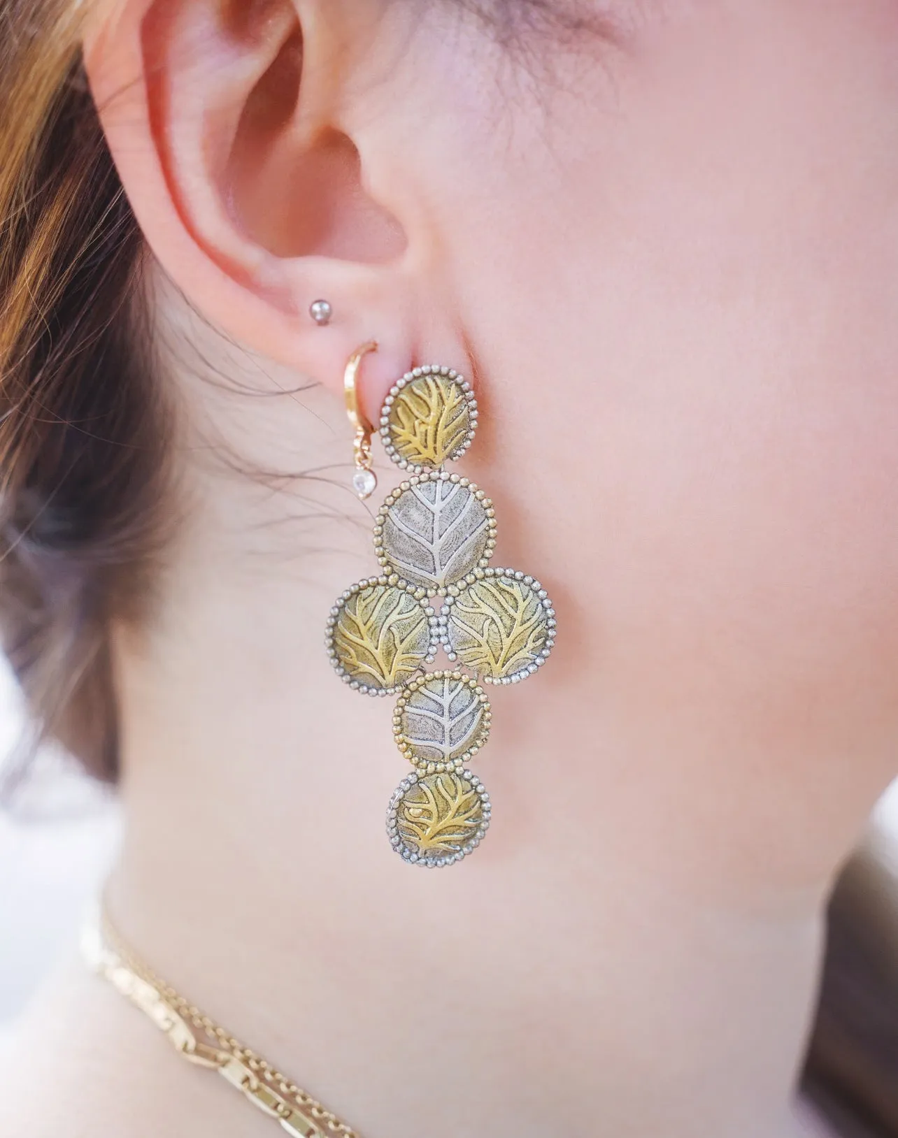Two Tone Gold & Silver Leaf Dangle Drop Earring.