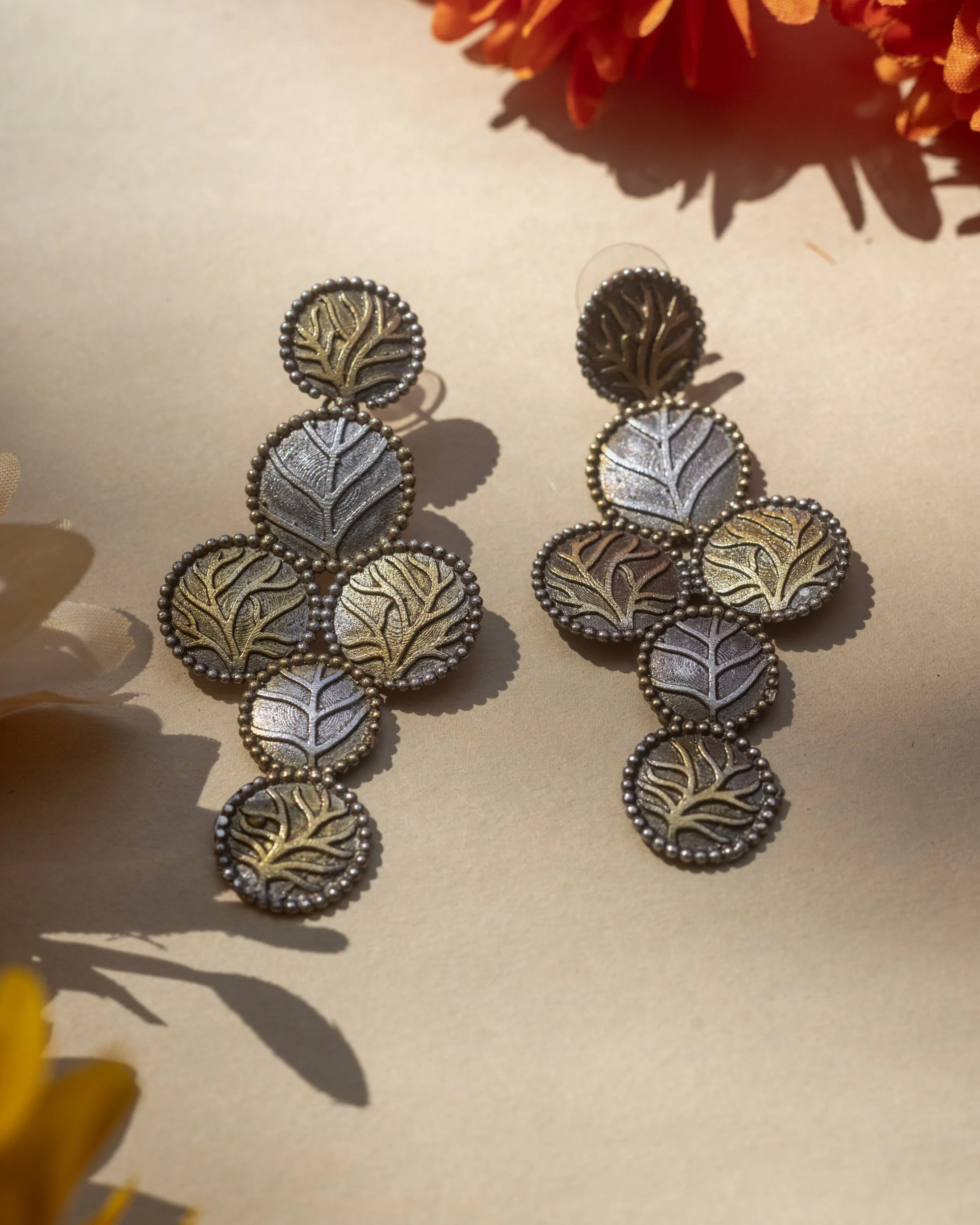 Two Tone Gold & Silver Leaf Dangle Drop Earring.