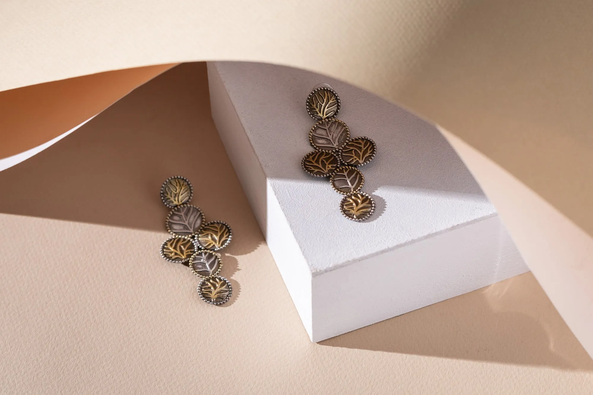 Two Tone Gold & Silver Leaf Dangle Drop Earring.