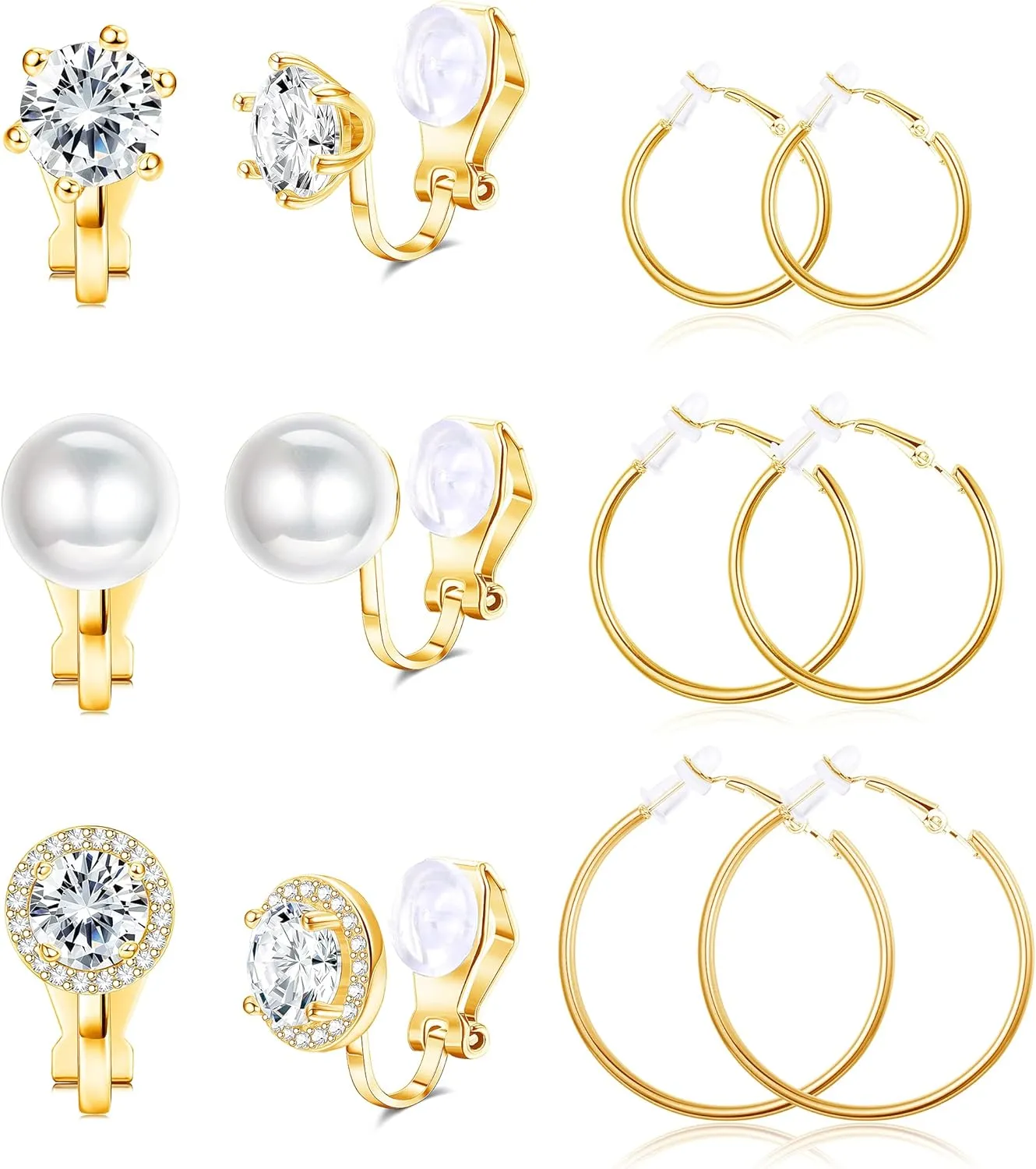 Ubjuliwa 6 Pairs Clip On Earrings for Women Fashion Hoop CZ Pearl Stud Earrings Women Clip On Earrings Set