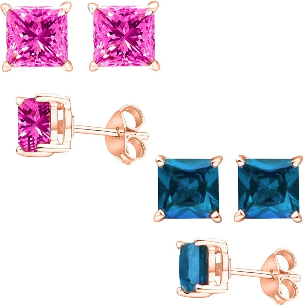 Unique 925 Sterling Silver Rose Gold Combo Cubic Zirconia Pink & Blue Simulated Topaz Color Princess Stud Earrings 2.00 Carat Total Weight Each Pair
