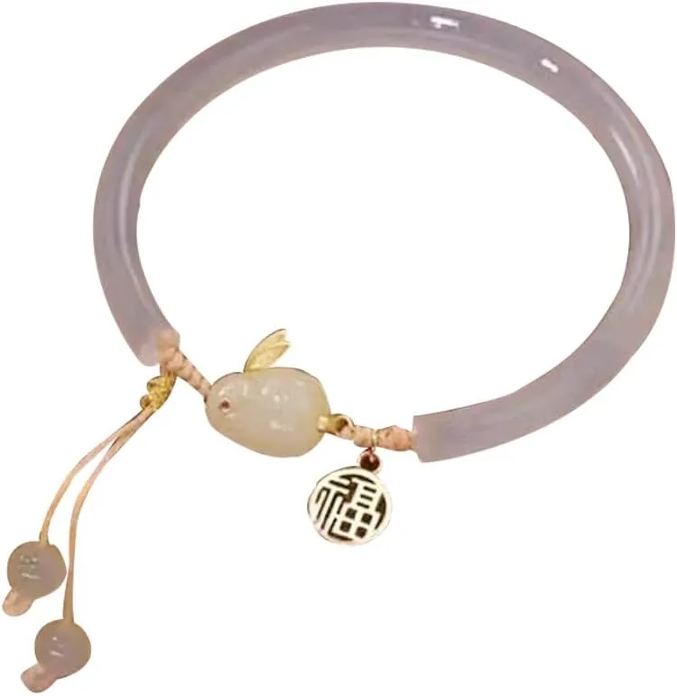 Vesppears Natural Feng Shui White Hetian Jade Bangle Bracelet for Women Genuine Rabbit Adjustable Tassel S925 Silver Gold Plated