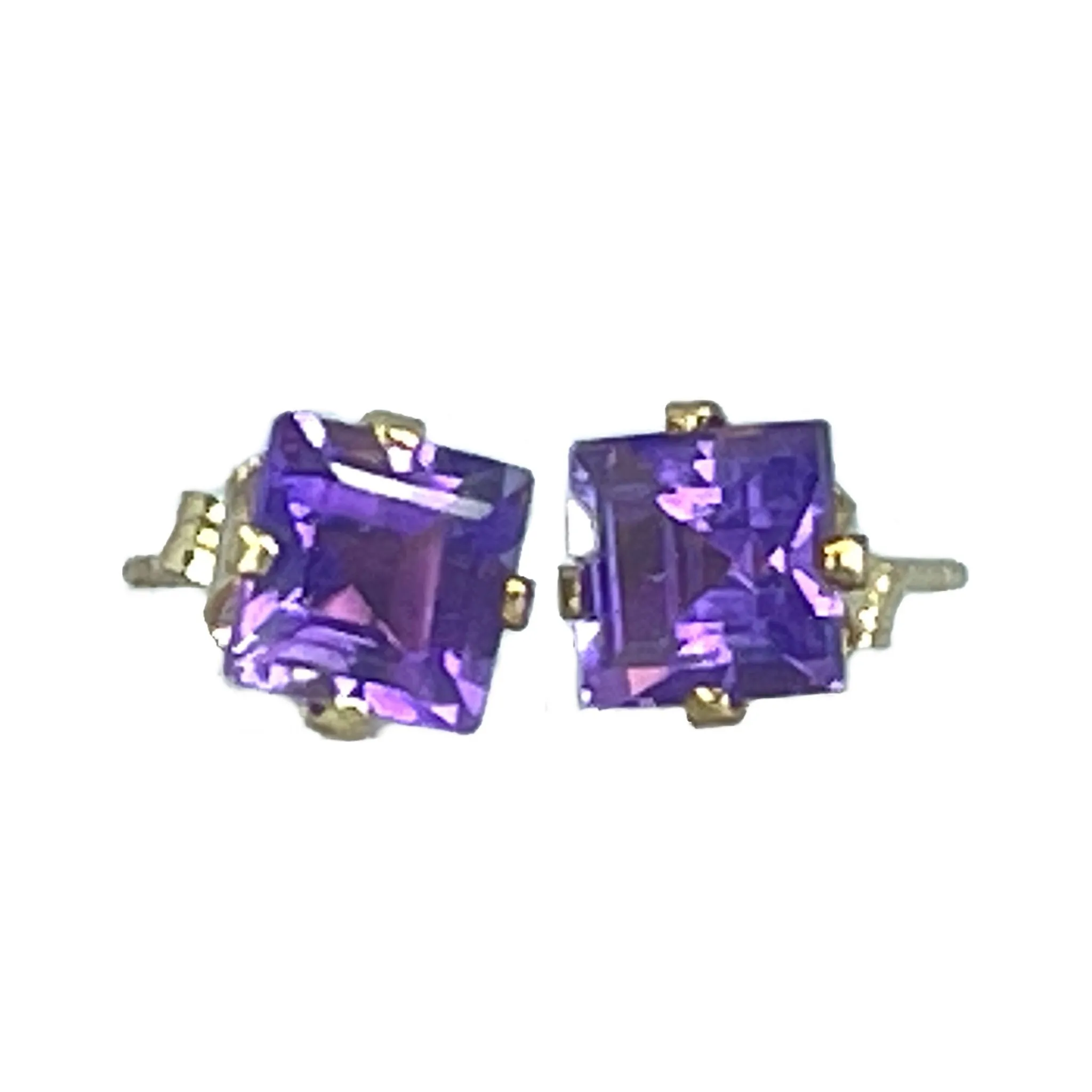Vintage Amethyst Square Earrings set in 14K Gold. February Birthstone. 1970s Sustainable Estate Jewelry.