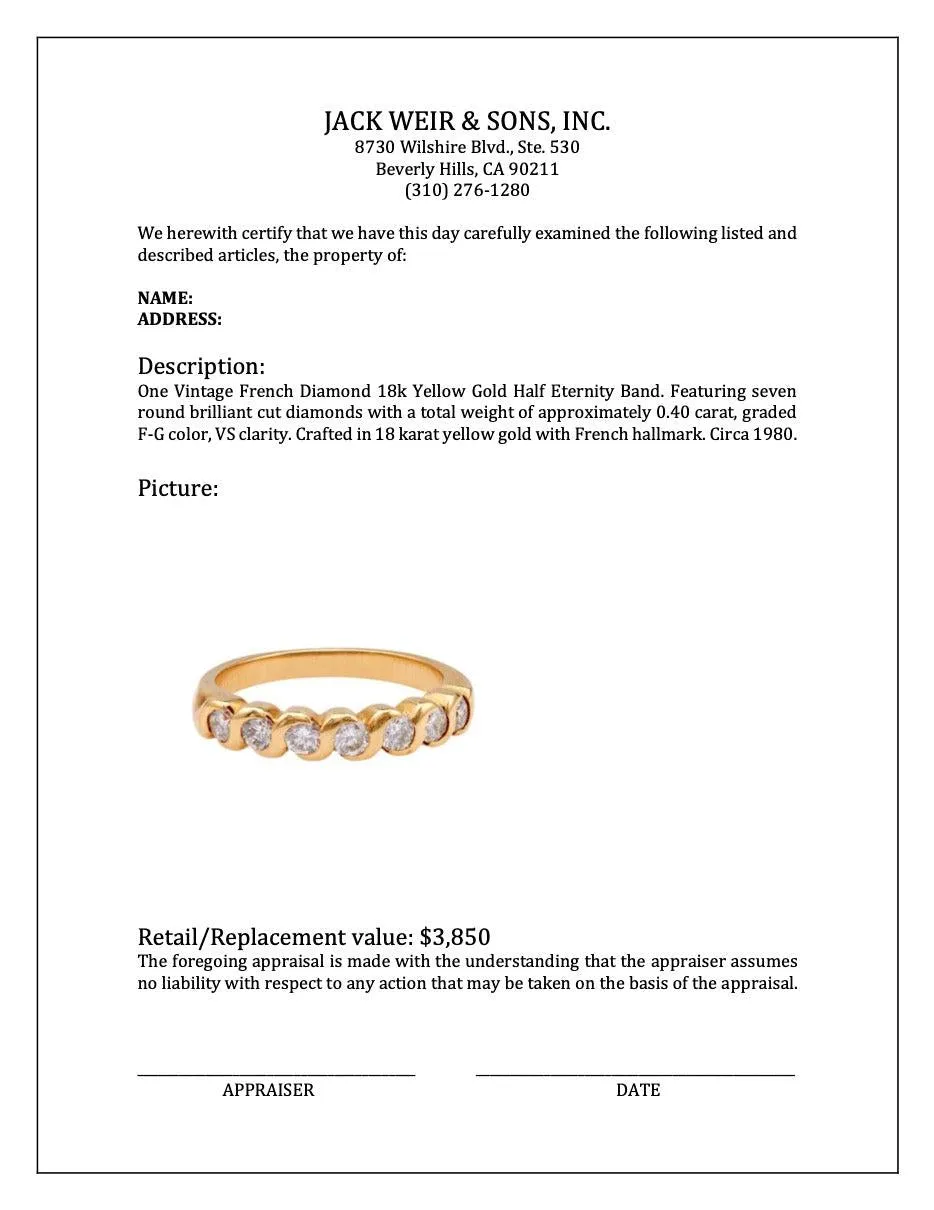 Vintage French Diamond 18k Yellow Gold Half Eternity Band